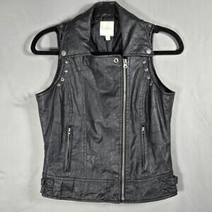 Chord Vest Womens XS Black Studded Faux Leather Moto Biker Rock Collared Zip Pun
